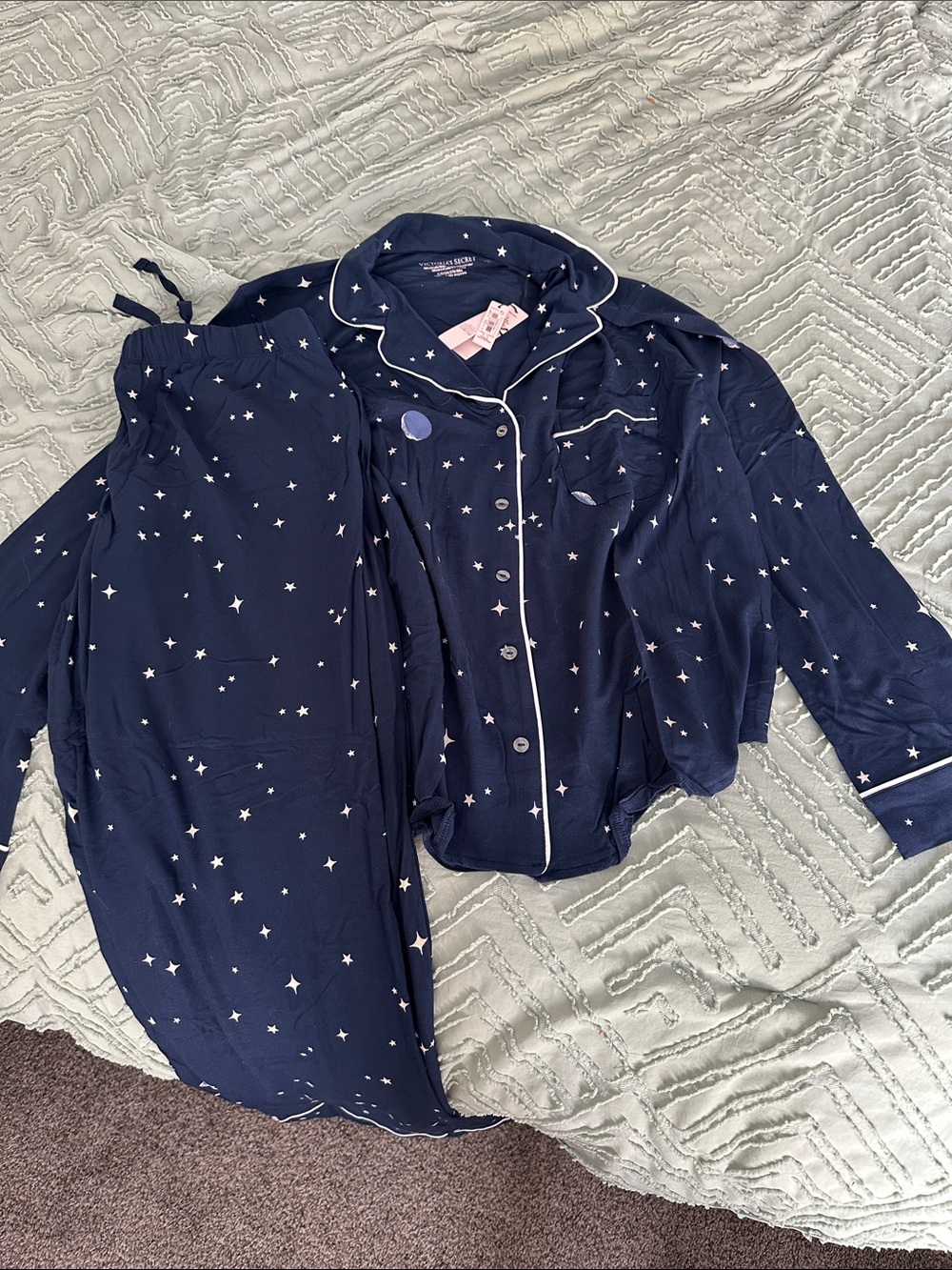 Victoria's Secret Navy Star-Print Pajama Set with White Piping